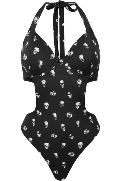 Men Bodysuit Lip/Skull Print One-piece Swimsuit High Cut Thong Leatord  Swimwear